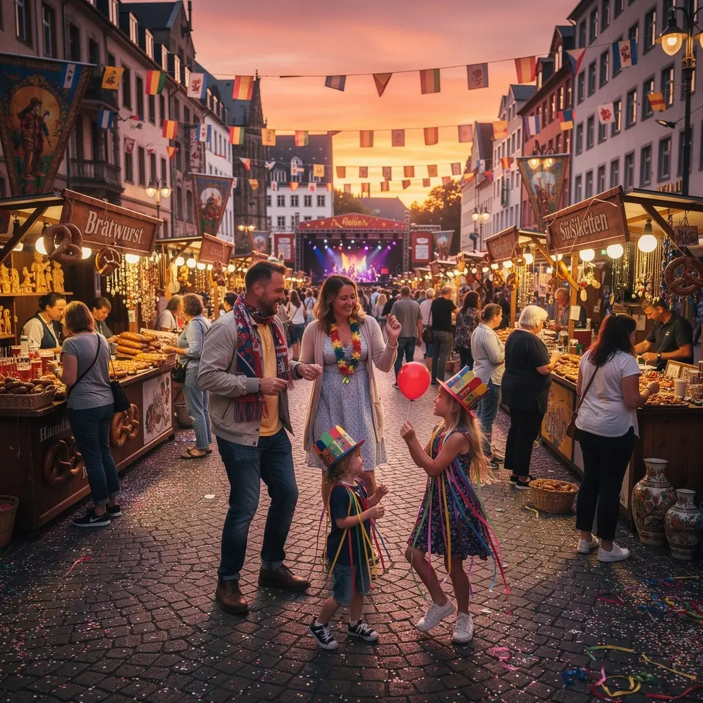 Kinder spielen fröhlich in einem Spielplatz im Park von München, während die Eltern auf einer Bank entspannen.